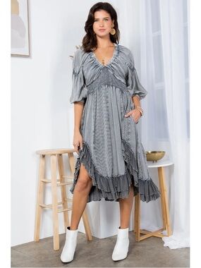 Young Threads Effortless Elegance: Sheared & Elasticated V-Neck Hi Lo Dress